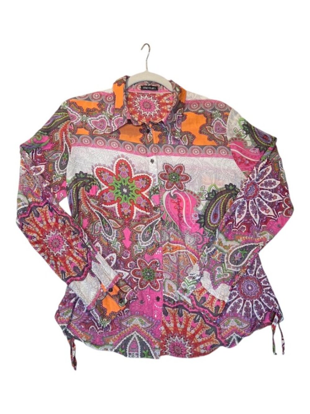 Monari Womens Silk Cotton Paisley Floral Blouse Boho Vibrant Button Down, size 8